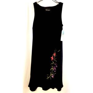Knee Length Black Flounce Dress w/Embroid.Flowers